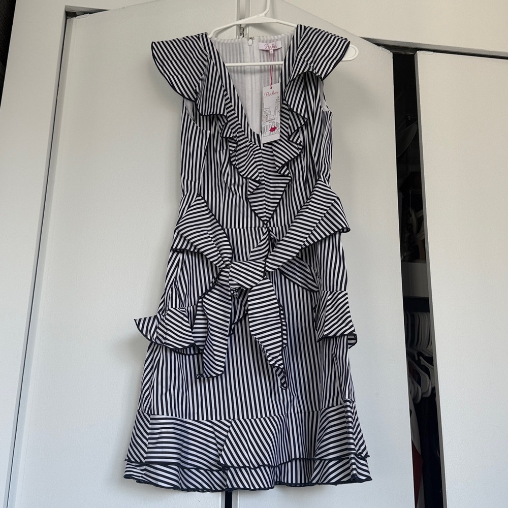 NWT PARKER Ruffle Mini Dress Adalynn Navy White Stripe Nautical Coastal Preppy